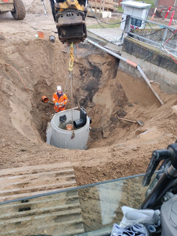 Betonbrønd installation med kran